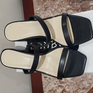 Square Toe Double Band Low Block Heel Sandals